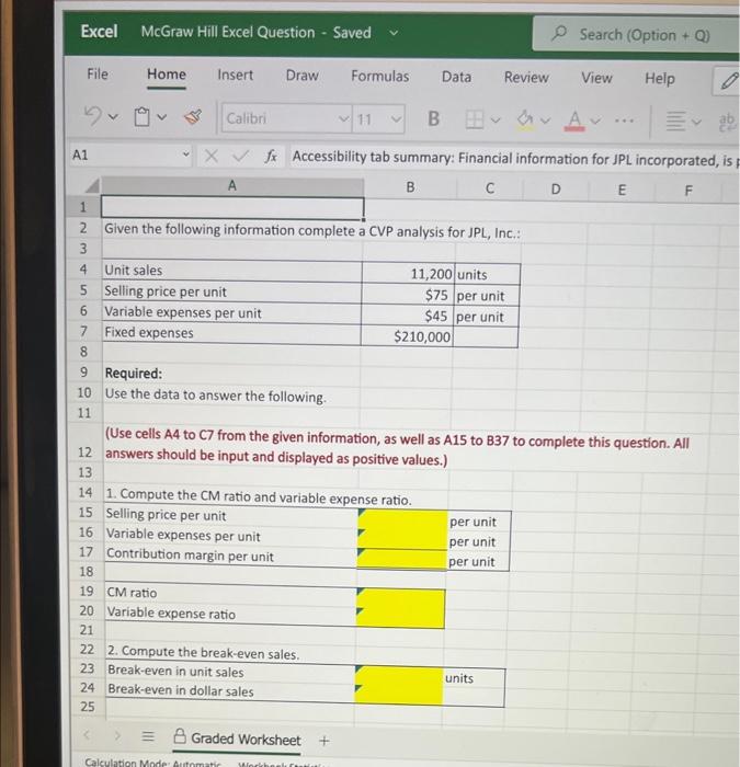 most recent period. The Controller has asked you prepare a spreadsheet that