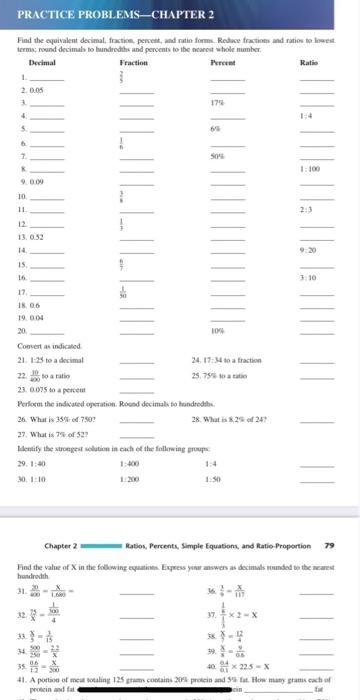 PRACTICE PROBLEMS-CHAPTER 2 Find the equivalent decimal, fraction, percent, and ratio forms.