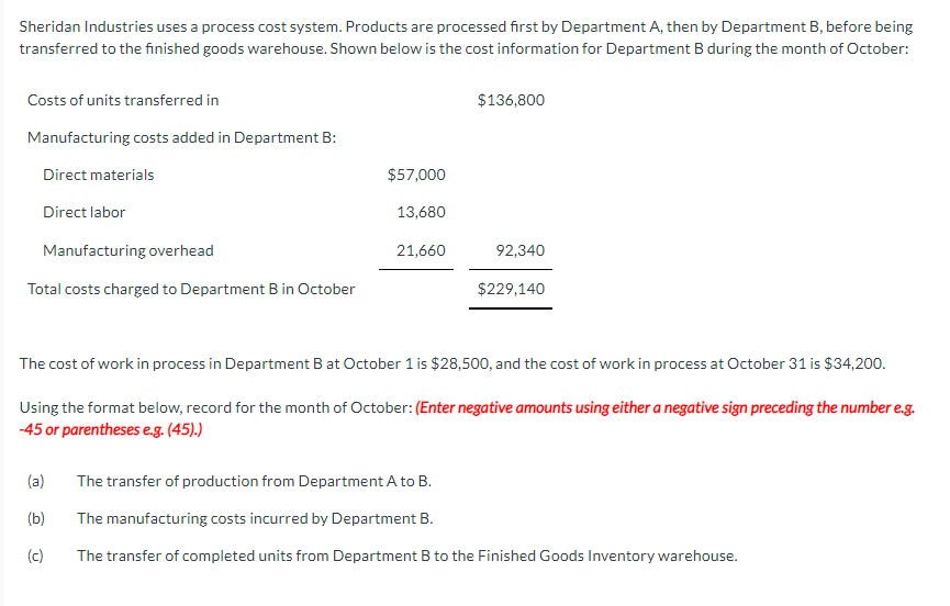 Sheridan Industries uses a process cost system. Products are processed first by