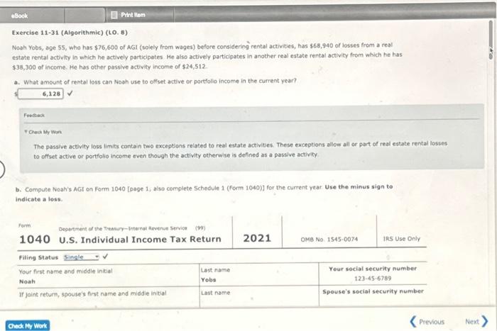 eBook Print Item Exercise 11-31 (Algorithmic) (LO. 8) Noah Yobs, age 55,