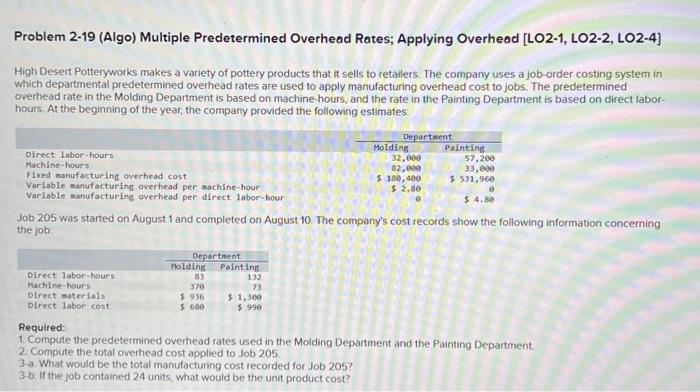 Problem 2-19 (Algo) Multiple Predetermined Overhead Rates; Applying Overhead [LO2-1, LO2-2, LO2-4]