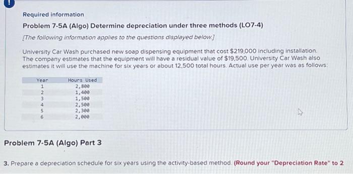 Required information Problem 7-5A (Algo) Determine depreciation under three methods (LO7-4) [The
