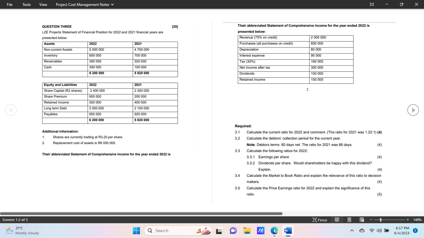 File Tools View Project Cost Management Notes QUESTION THREE LZE Projects Statement