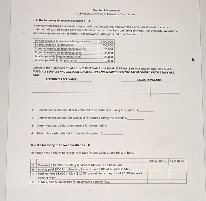 Chapter 3 Homework Submit your answers in Canvas before it is due