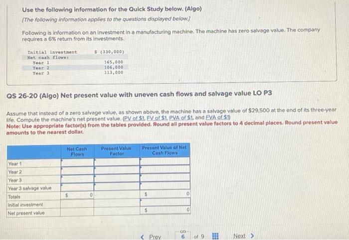 Use the following information for the Quick Study below. (Algo) [The following