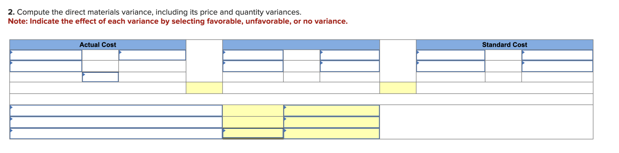 2. Compute the direct materials variance, including its price and quantity variances.