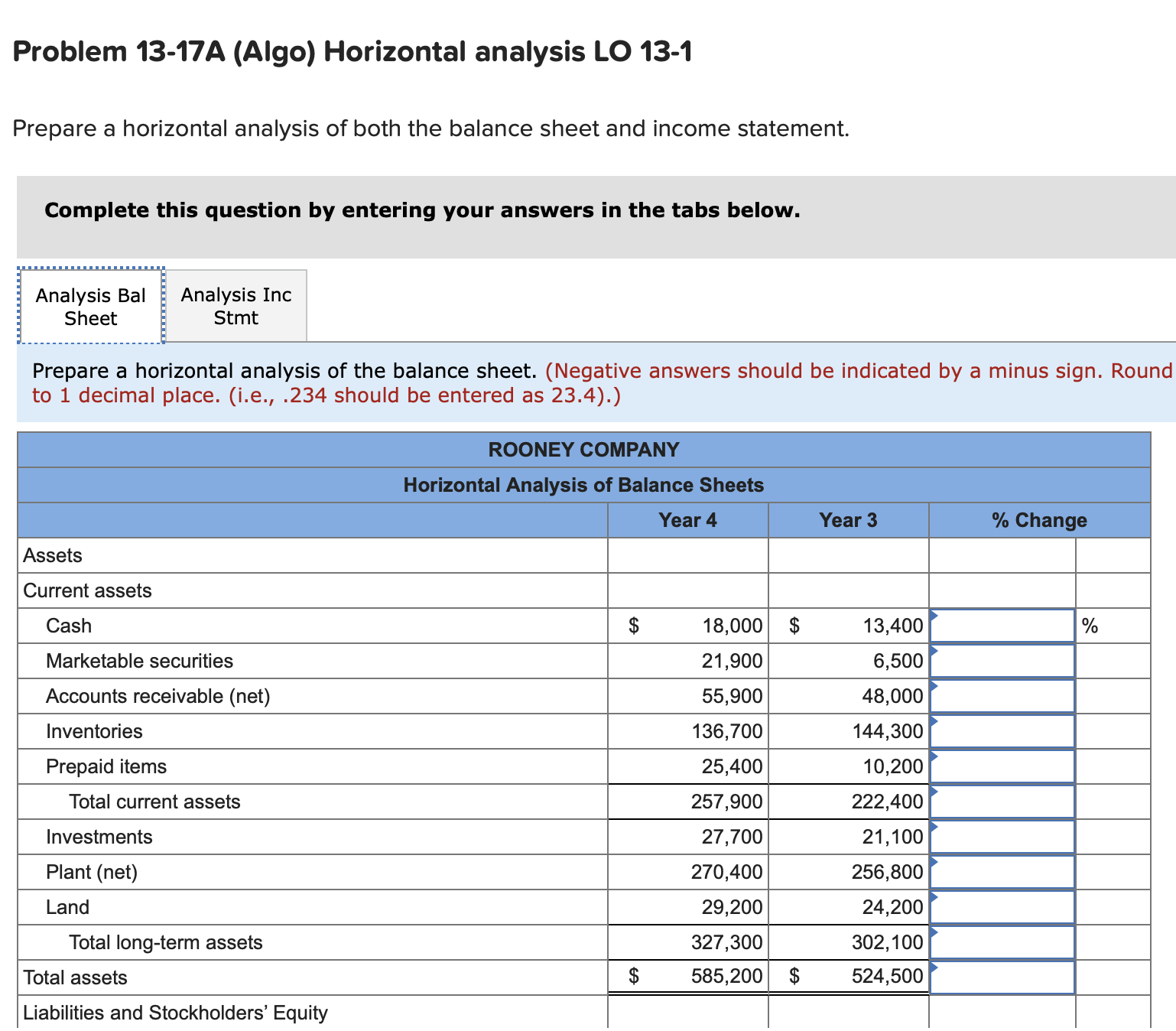 Problem 13-17A (Algo) Horizontal analysis LO 13-1 Prepare a horizontal analysis of