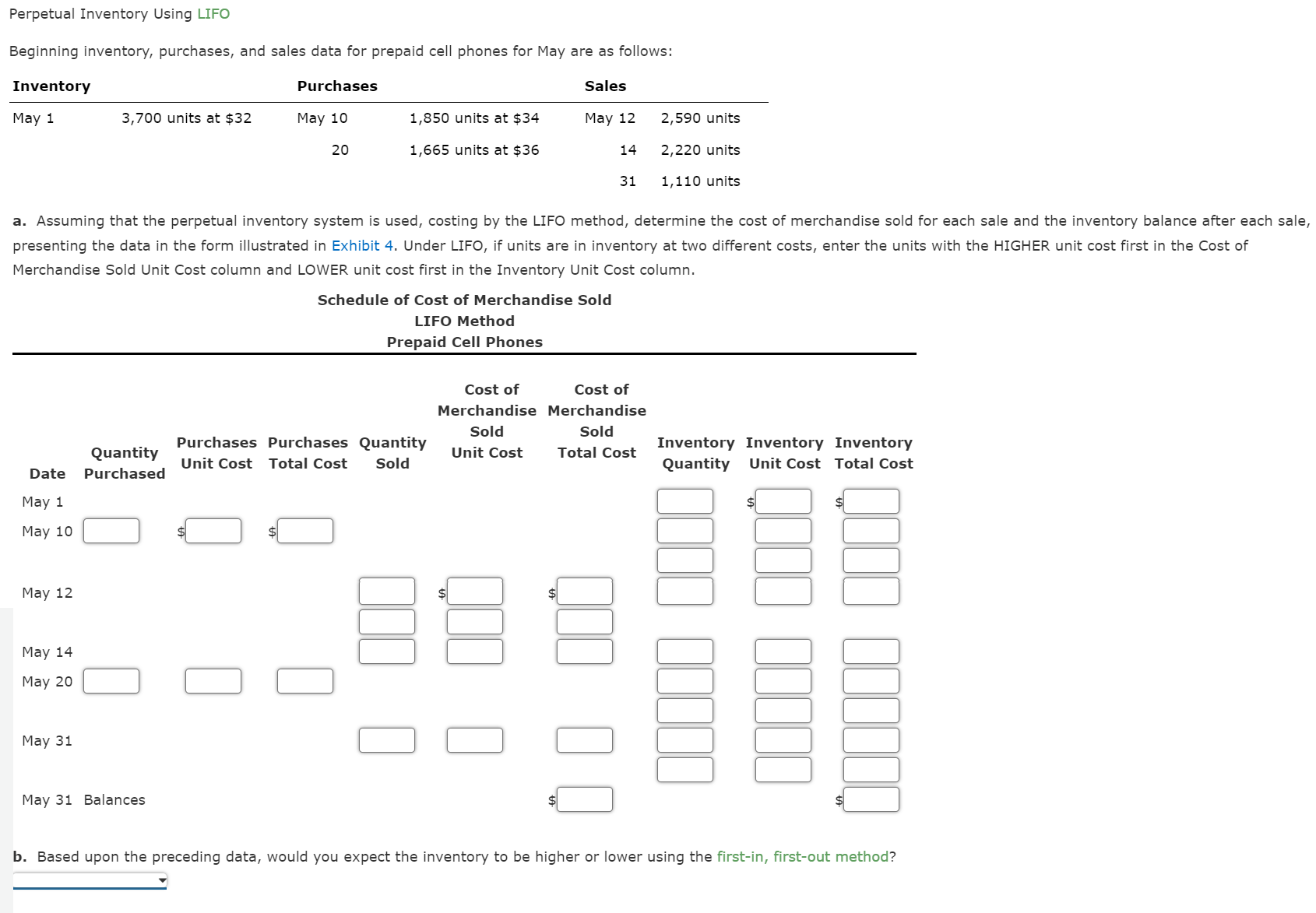 Perpetual Inventory Using LIFO Beginning inventory, purchases, and sales data for prepaid
