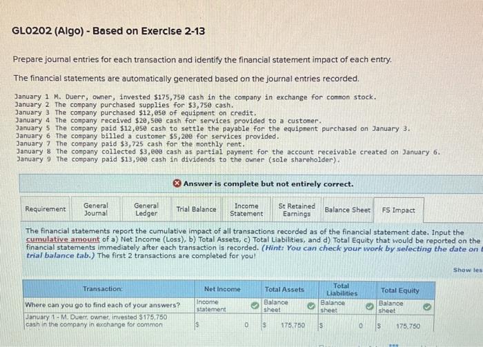 GL0202 (Algo) - Based on Exercise 2-13 Prepare journal entries for each