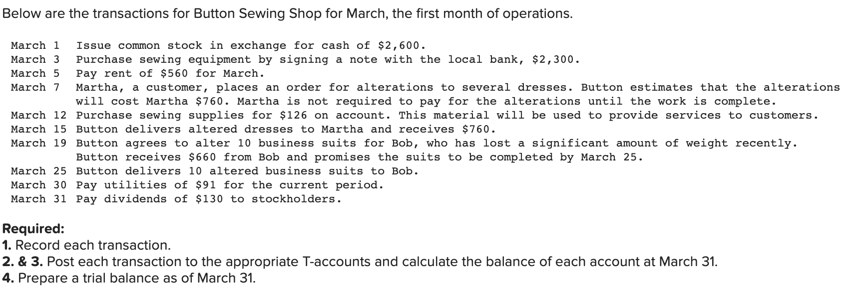 Below are the transactions for Button Sewing Shop for March, the first