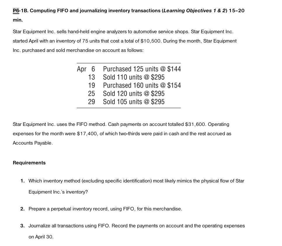P6-1B. Computing FIFO and journalizing inventory transactions (Learning Objectives 1 & 2)