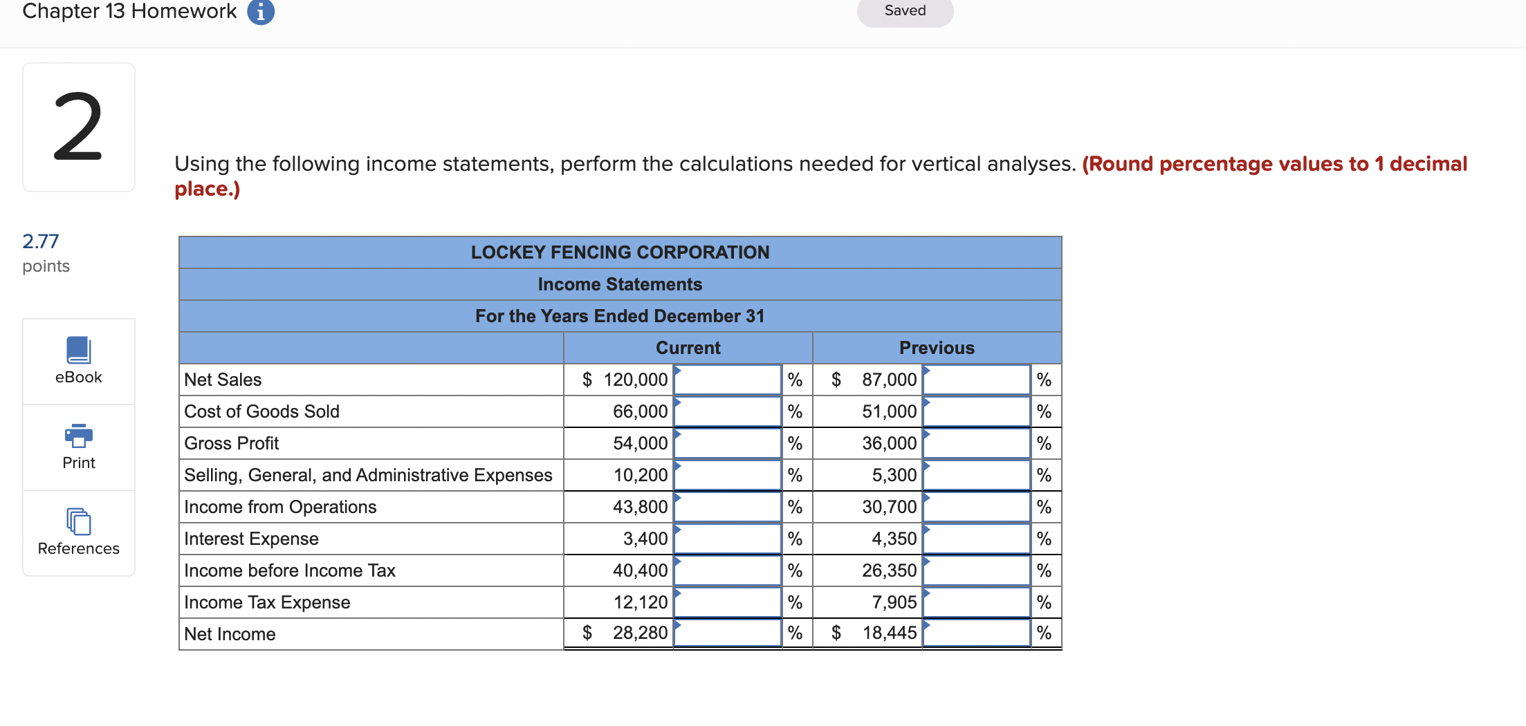Chapter 13 Homework i Saved 2.77 points Using the following income statements,