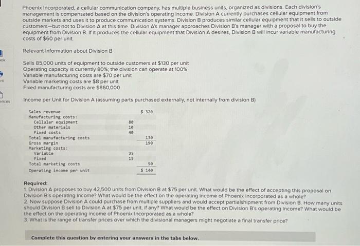 mok rices Phoenix Incorporated, a cellular communication company, has multiple business units,