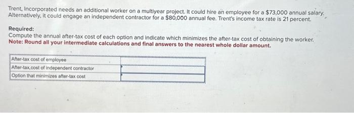 Trent, Incorporated needs an additional worker on a multiyear project. It could