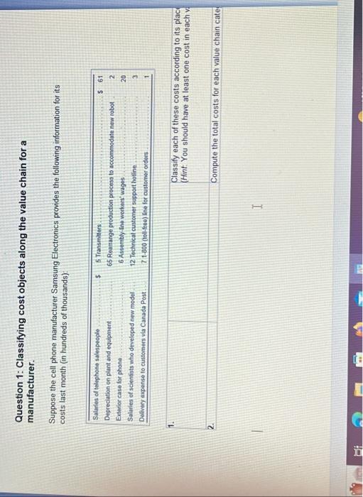 Question 1: Classifying cost objects along the value chain for a manufacturer.