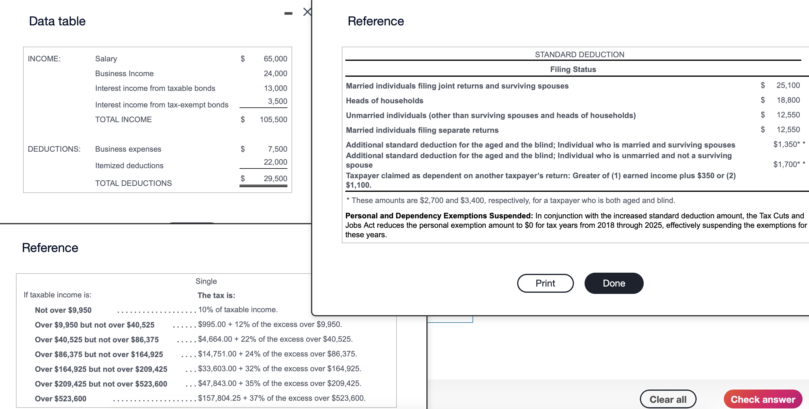 Data table Reference STANDARD DEDUCTION INCOME: Salary 65,000 Filing Status Business Income