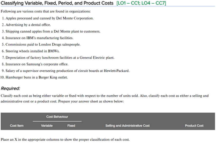 Classifying Variable, Fixed, Period, and Product Costs [LO1 - CC1; LO4 -