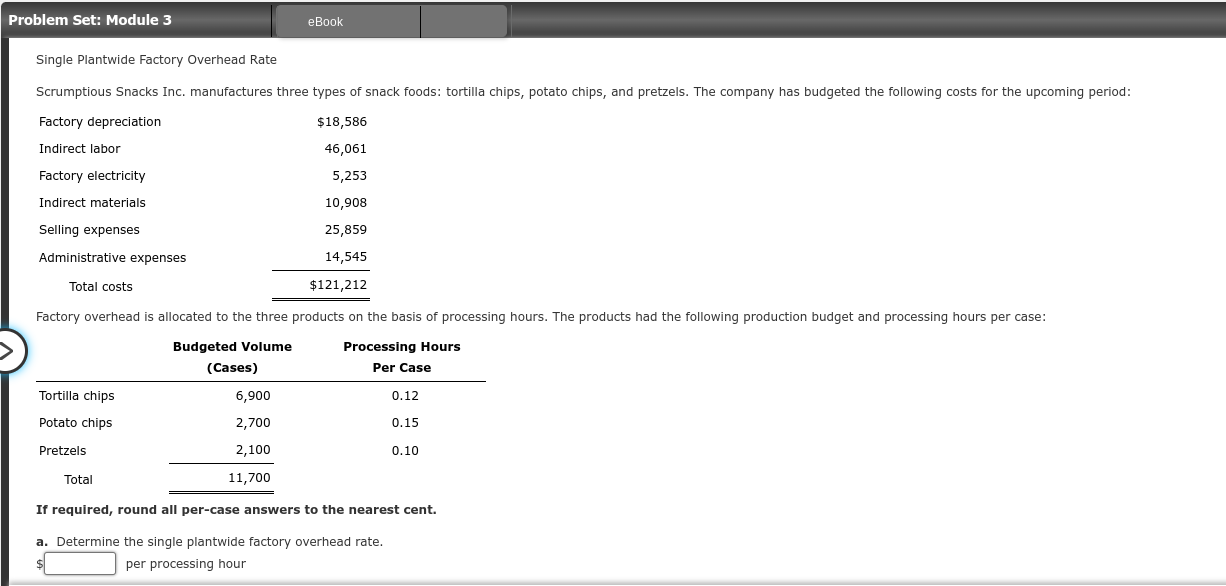 Problem Set: Module 3 eBook Single Plantwide Factory Overhead Rate Scrumptious Snacks