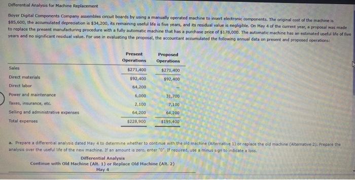 Differential Analysis for Machine Replacement Boyer Digital Components Company assembles circuit boards