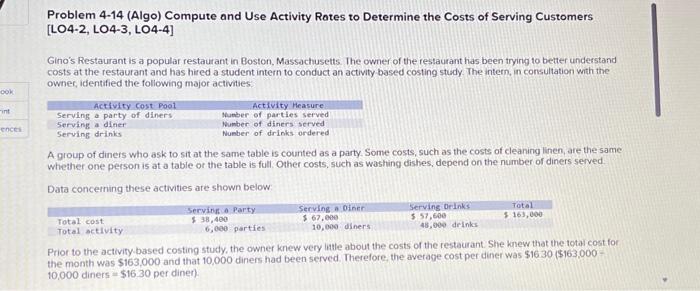 Problem 4-14 (Algo) Compute and Use Activity Rates to Determine the Costs