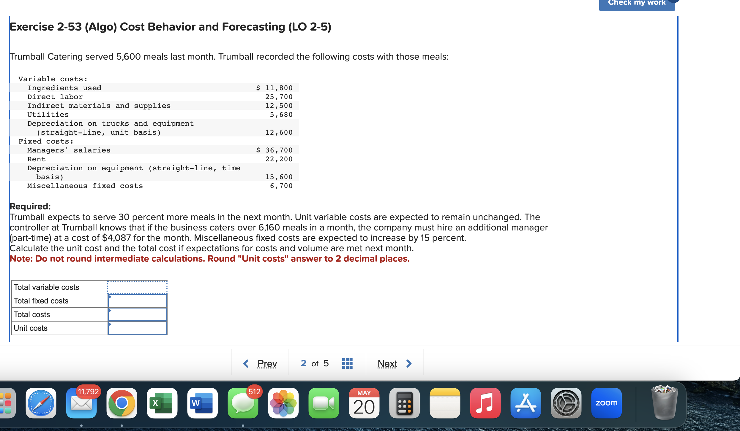 Exercise 2-53 (Algo) Cost Behavior and Forecasting (LO 2-5) Trumball Catering served