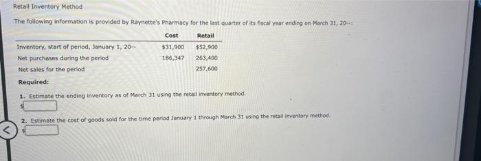 Retail Inventory Method The following information is provided by Raynette's Pharmacy for