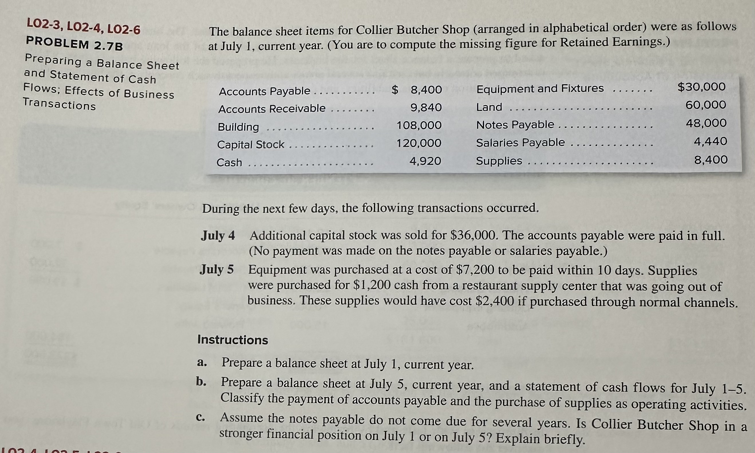 LO2-3, LO2-4, LO2-6 PROBLEM 2.7B Preparing a Balance Sheet and Statement of