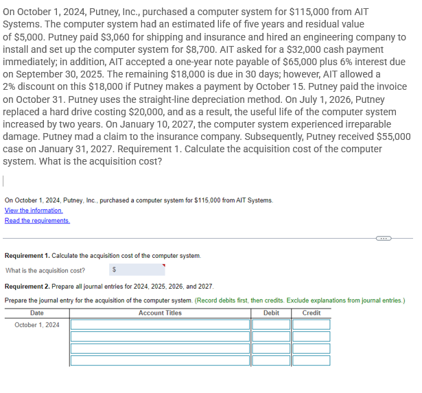 On October 1, 2024, Putney, Inc., purchased a computer system for $115,000