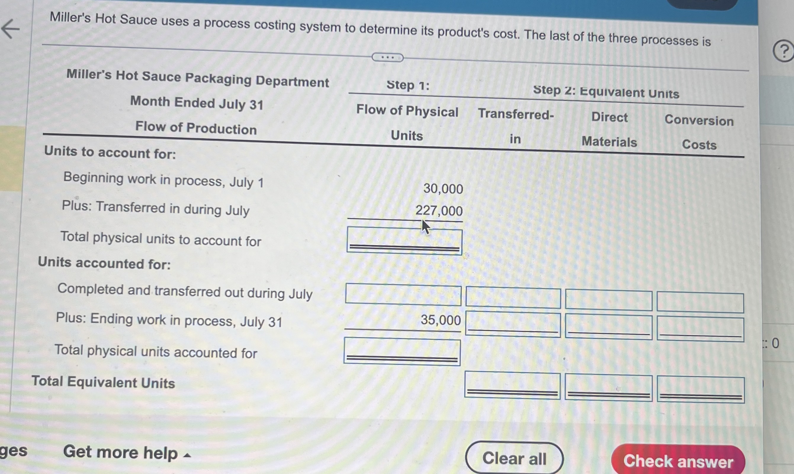 K Miller's Hot Sauce uses a process costing system to determine its