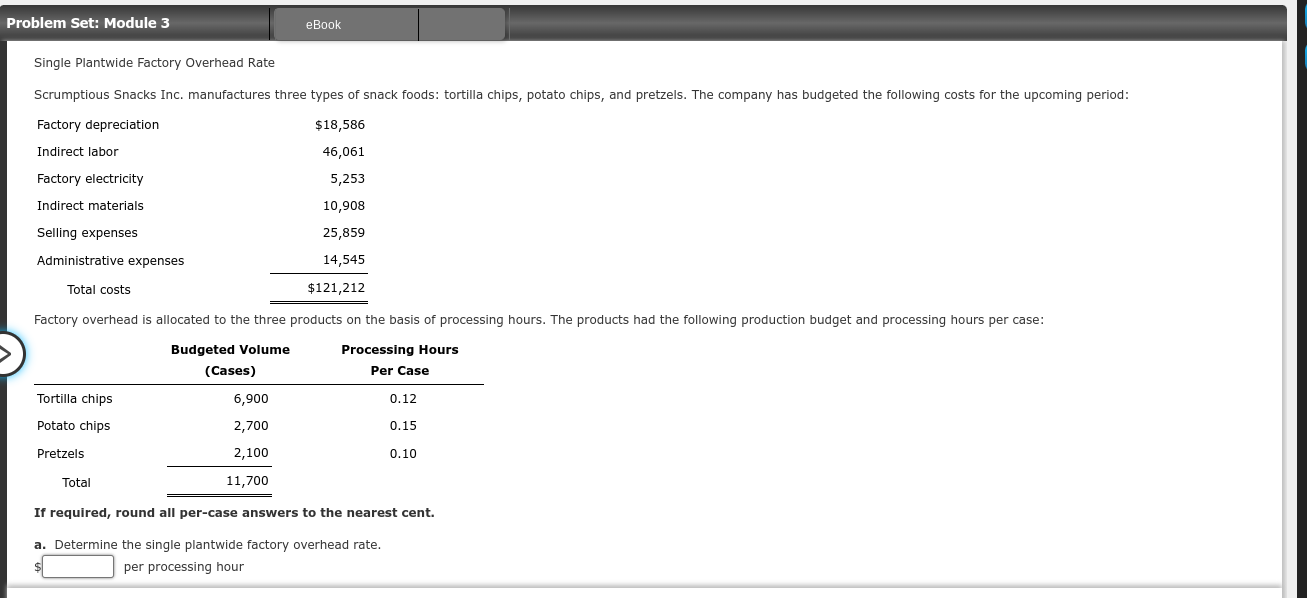 Problem Set: Module 3 eBook Single Plantwide Factory Overhead Rate Scrumptious Snacks