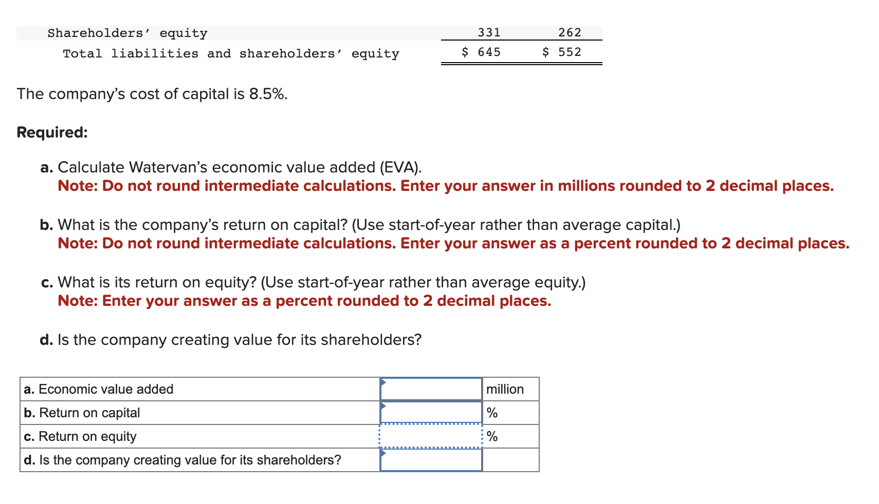 value added (EVA). Note: Do not round intermediate calculations. Enter your answer