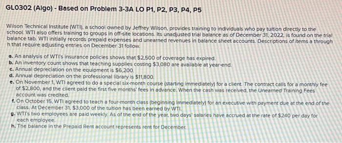 GLO302 (Algo) - Based on Problem 3-3A LO P1, P2, P3, P4,