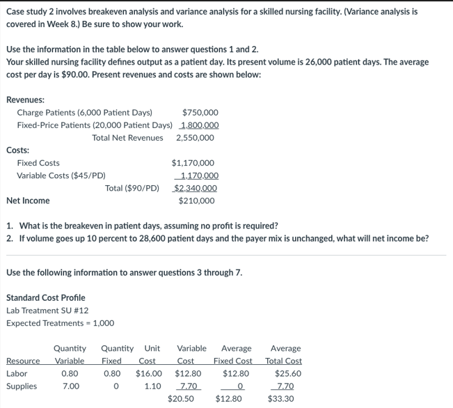 Case study 2 involves breakeven analysis and variance analysis for a skilled
