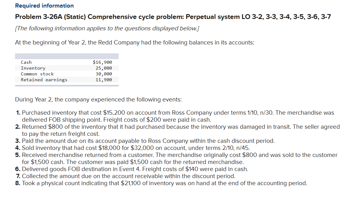Required information Problem 3-26A (Static) Comprehensive cycle problem: Perpetual system LO 3-2,