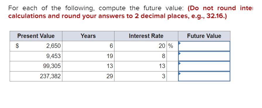 For each of the following, compute the future value: (Do not round