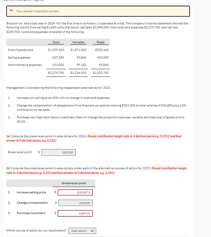 Your answer is partially correct. Blossom Inc. had a bad year in