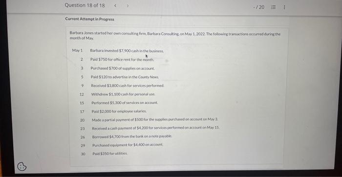 Question 18 of 18 Current Attempt in Progress -/20 E Barbara Jones