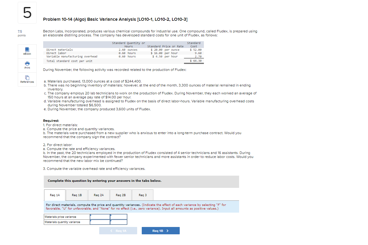 5 7.5 points Problem 10-14 (Algo) Basic Variance Analysis [LO10-1, LO10-2, LO10-3]