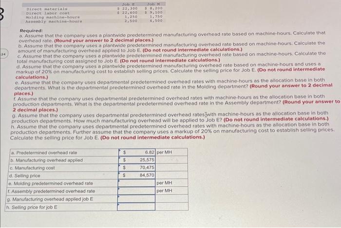 24 Direct materials Direct labor cost Molding machine-hours Assembly machine-hours Required: Job
