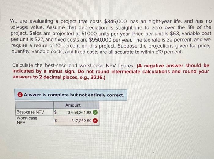 We are evaluating a project that costs $845,000, has an eight-year life,