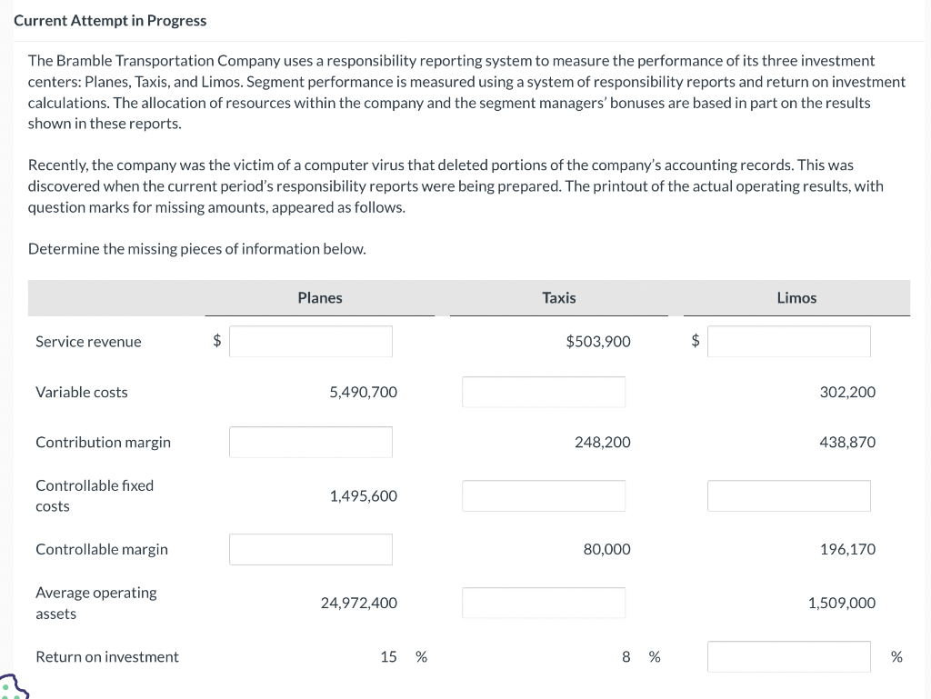 Current Attempt in Progress The Bramble Transportation Company uses a responsibility reporting