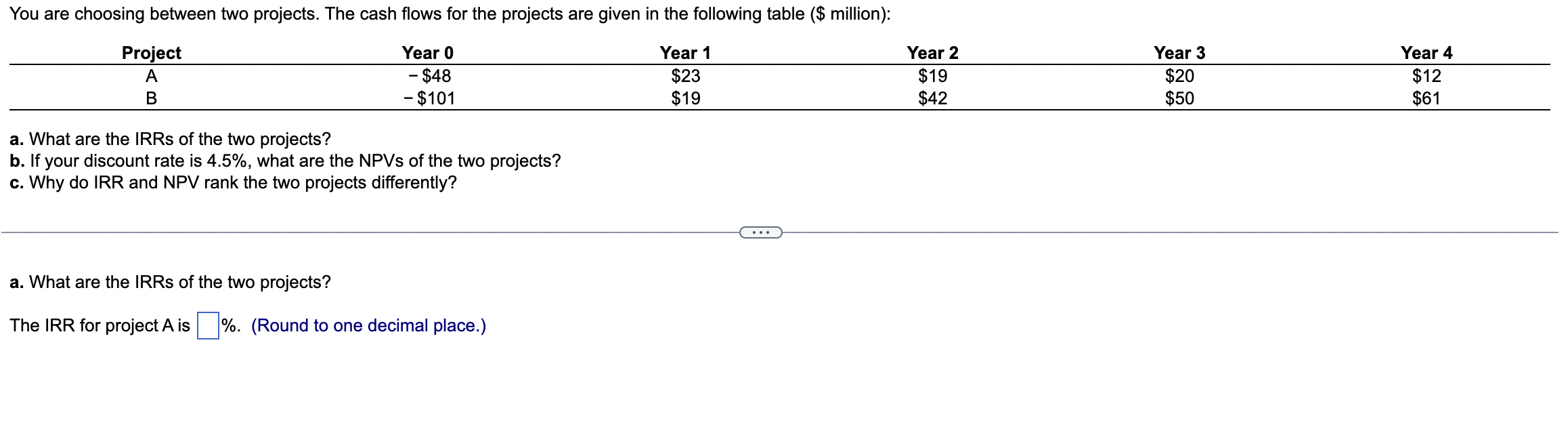 You are choosing between two projects. The cash flows for the projects