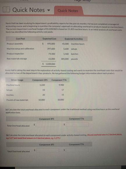Quick Notes Quick Notes Karvin Hall has been studying his department's profitability