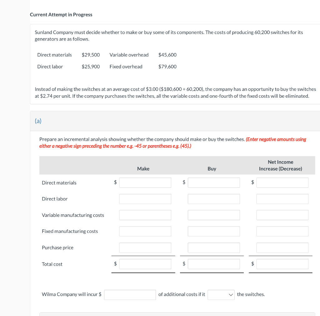 Current Attempt in Progress Sunland Company must decide whether to make or