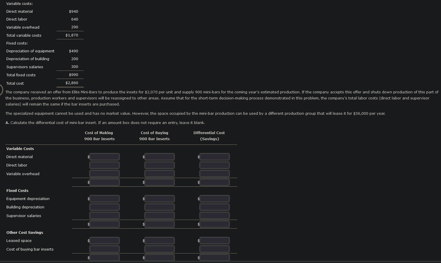 Variable costs: Direct material $940 Direct labor 640 Variable overhead 290 Total