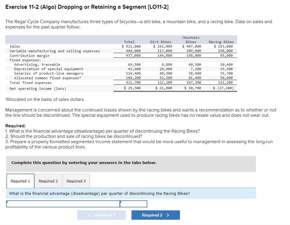 Exercise 11-2 (Algo) Dropping or Retaining a Segment [LO11-2] The Regal Cycle