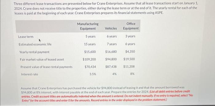 Three different lease transactions are presented below for Crane Enterprises. Assume that