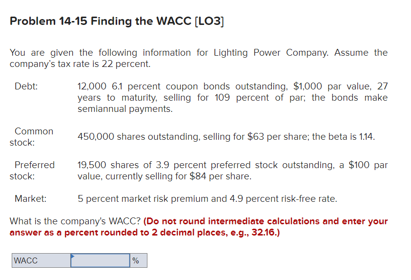 Problem 14-15 Finding the WACC [LO3] You are given the following information
