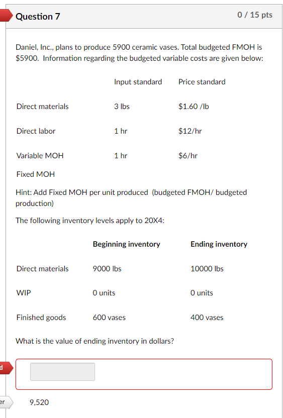 d Question 7 0 / 15 pts Daniel, Inc., plans to produce