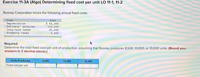 Exercise 11-3A (Algo) Determining fixed cost per unit LO 11-1, 11-2 Rooney